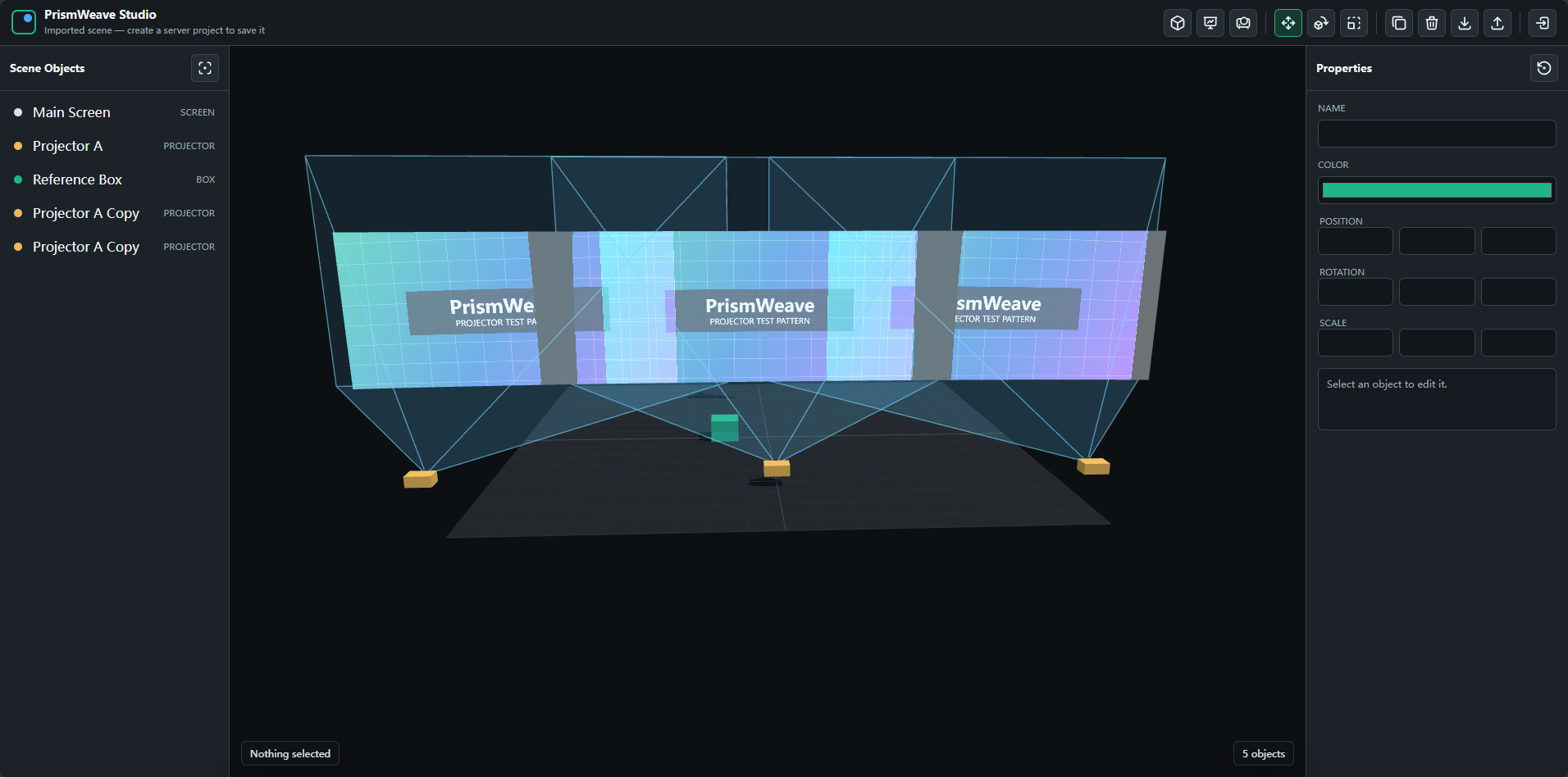 Three-projector screen layout in the PrismWeave editor